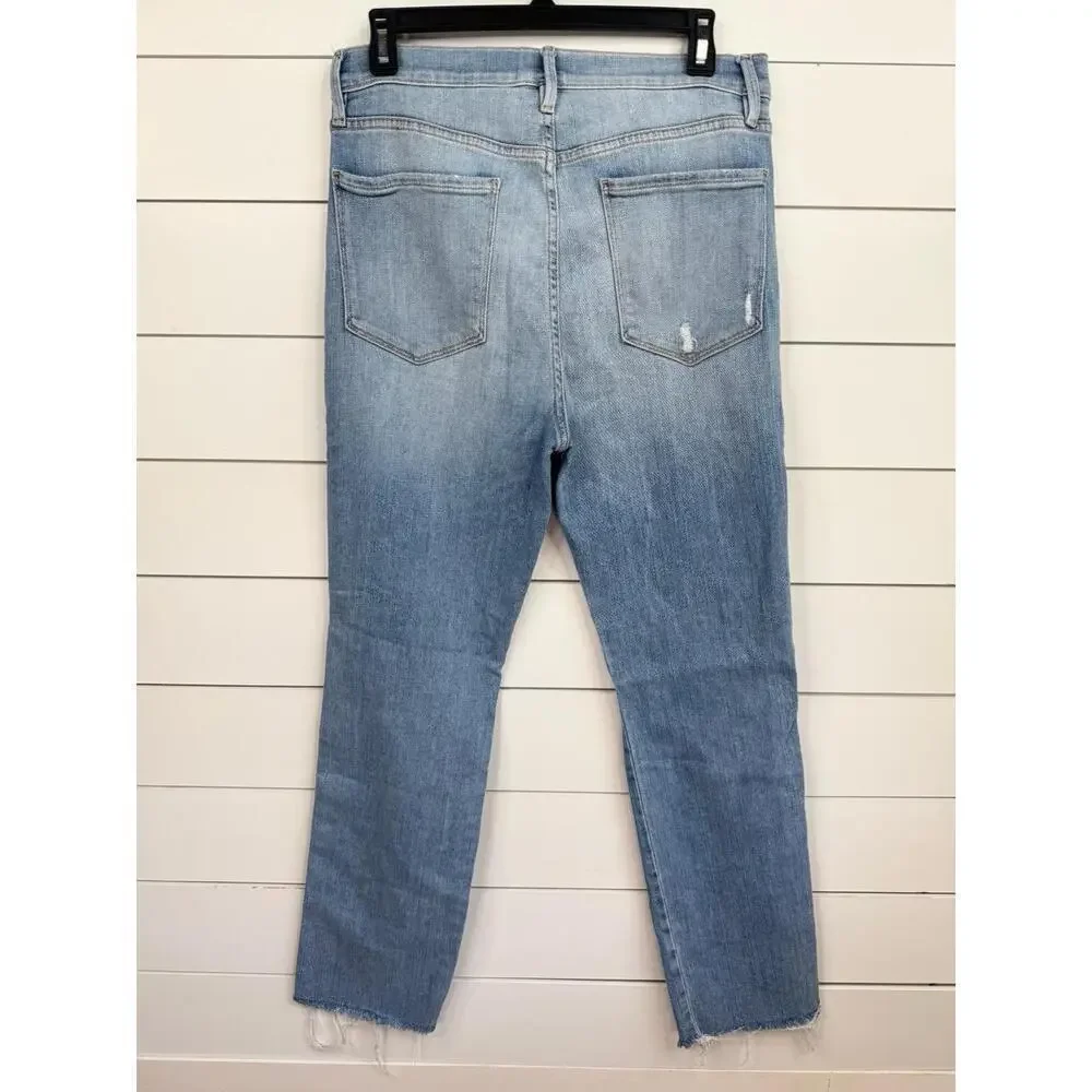 FRAME Le Sylvie Slender Straight Jeans Size 30 Light Blue Distressed Raw Hem - Picture 2 of 11